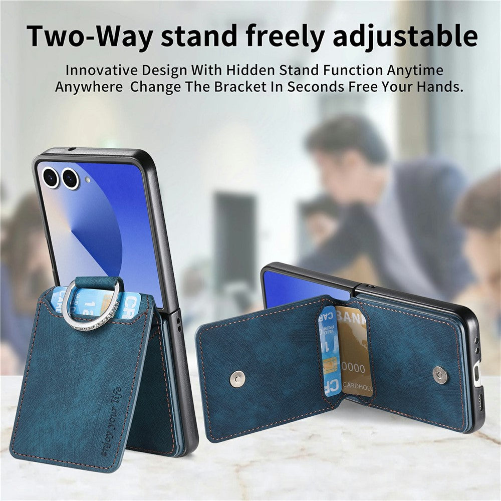 For Samsung Galaxy Z Flip7 5G Case Card Slots Kickstand PU Leather + PC Phone Cover with Rhinestone Ring Holder
