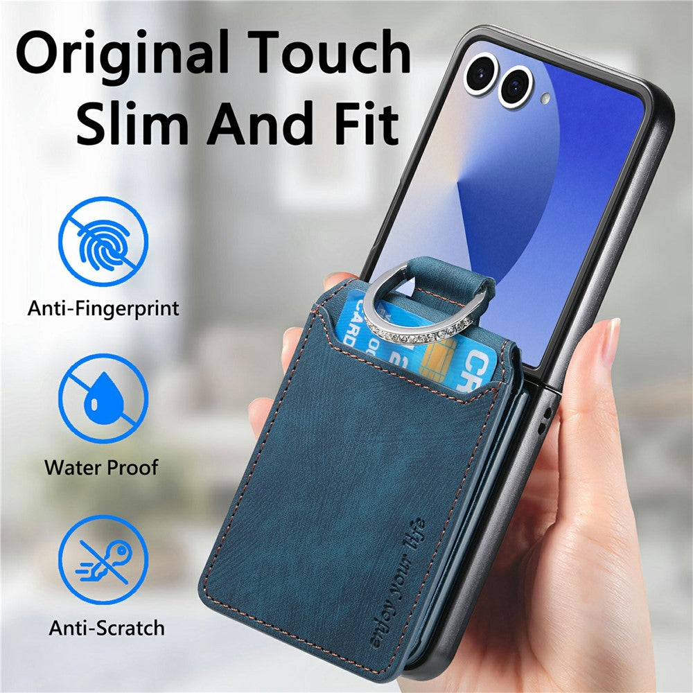 For Samsung Galaxy Z Flip7 5G Case Card Slots Kickstand PU Leather + PC Phone Cover with Rhinestone Ring Holder