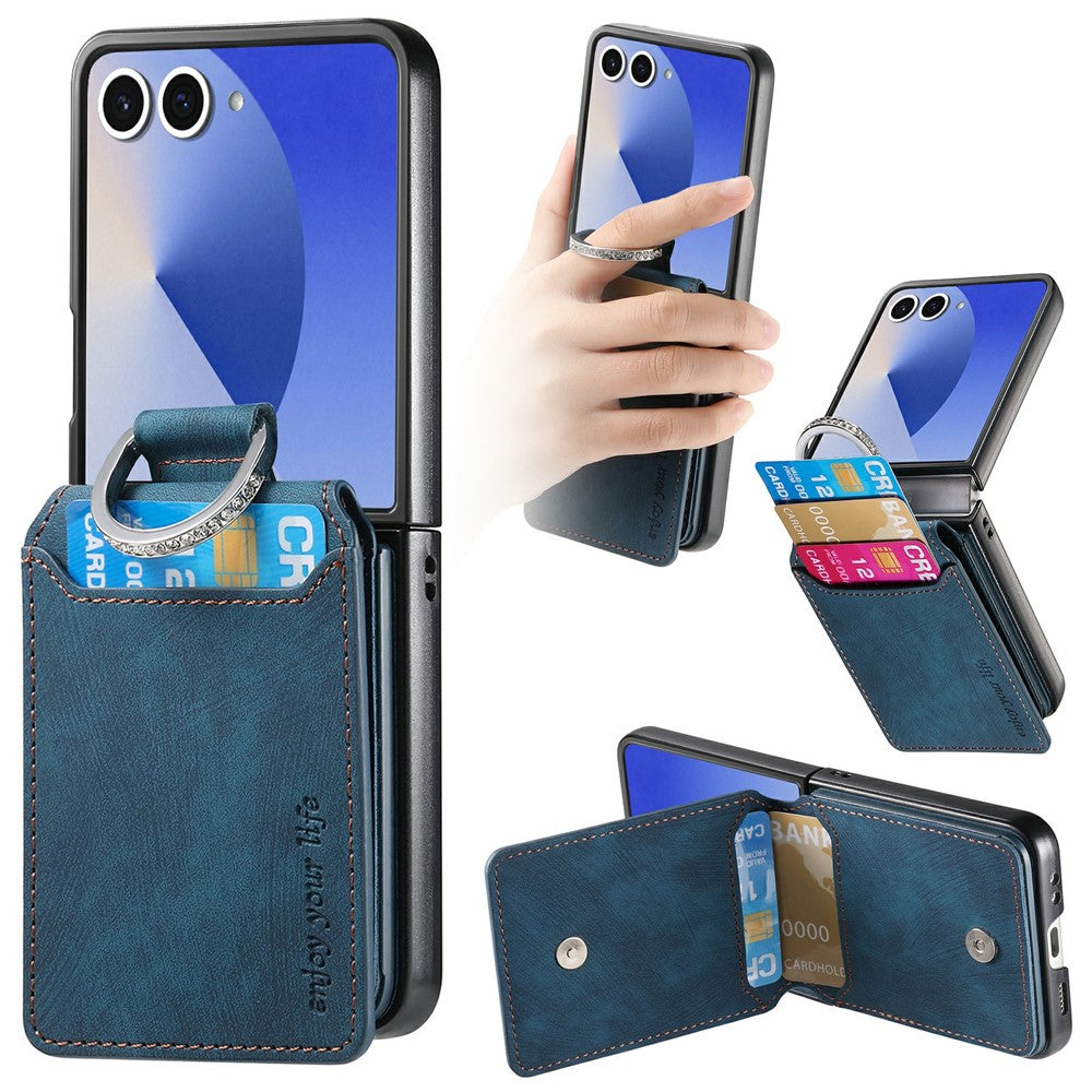 For Samsung Galaxy Z Flip7 5G Case Card Slots Kickstand PU Leather + PC Phone Cover with Rhinestone Ring Holder