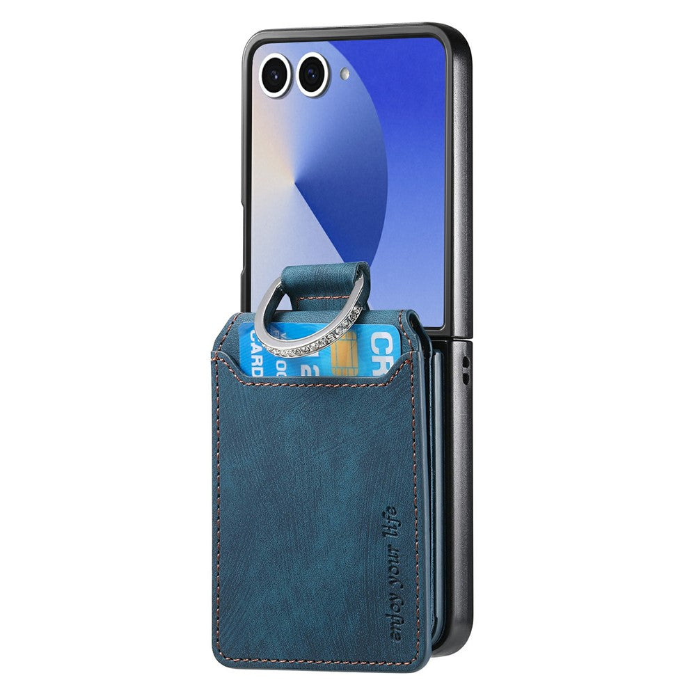 For Samsung Galaxy Z Flip7 5G Case Card Slots Kickstand PU Leather + PC Phone Cover with Rhinestone Ring Holder