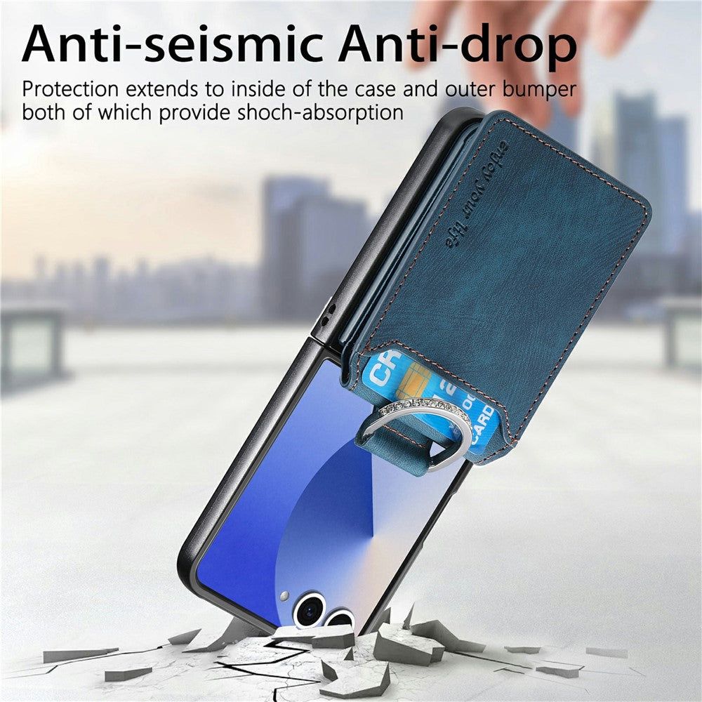 For Samsung Galaxy Z Flip7 5G Case Card Slots Kickstand PU Leather + PC Phone Cover with Rhinestone Ring Holder