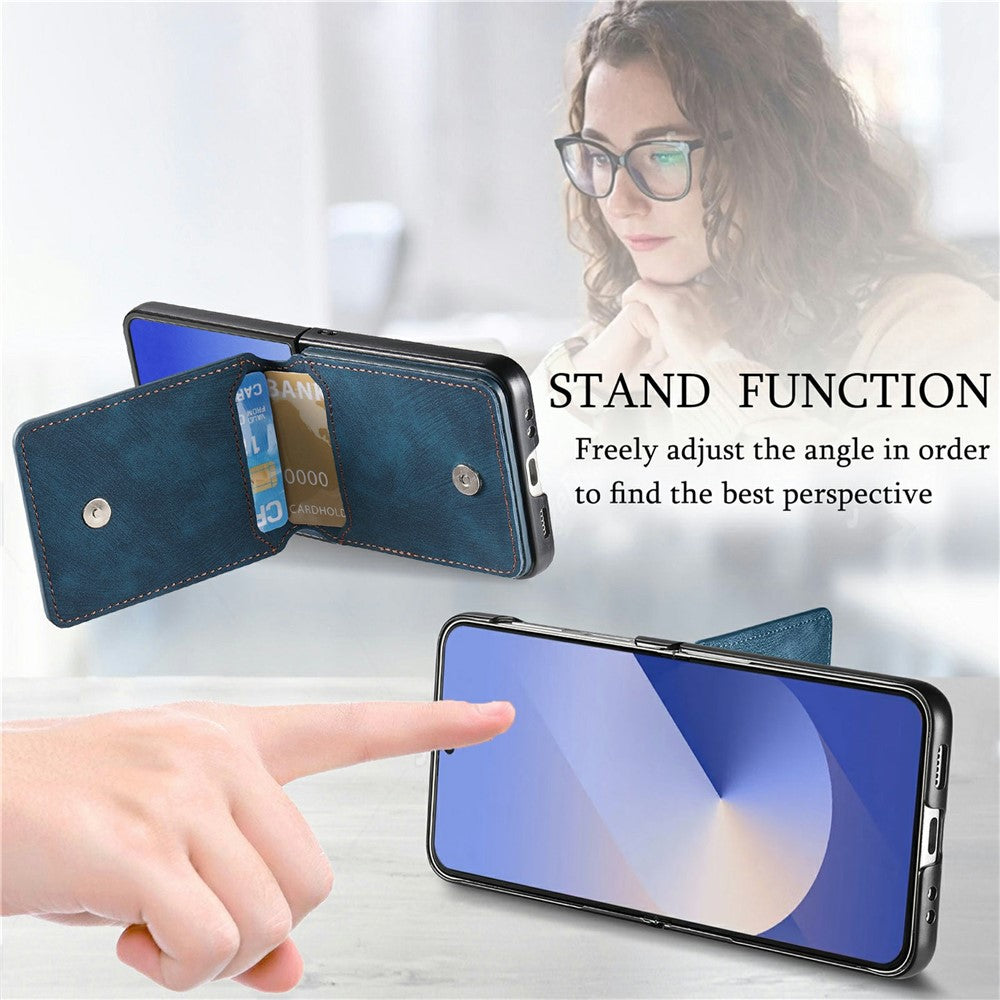 For Samsung Galaxy Z Flip7 5G Case Card Slots Kickstand PU Leather + PC Phone Cover with Rhinestone Ring Holder