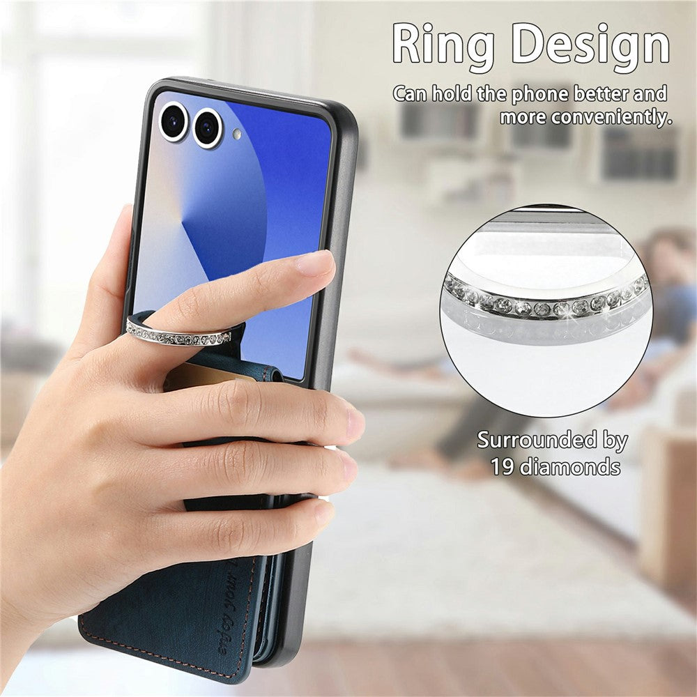 For Samsung Galaxy Z Flip7 5G Case Card Slots Kickstand PU Leather + PC Phone Cover with Rhinestone Ring Holder