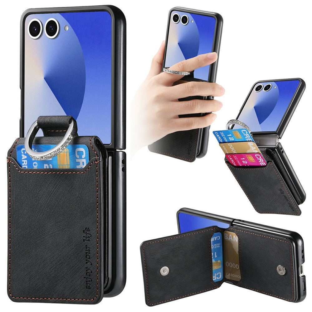 For Samsung Galaxy Z Flip7 5G Case Card Slots Kickstand PU Leather + PC Phone Cover with Rhinestone Ring Holder