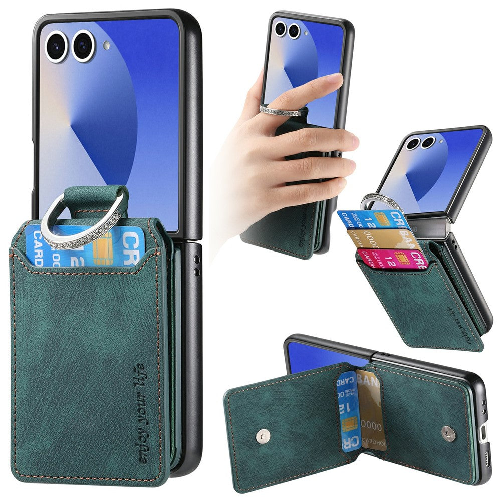 For Samsung Galaxy Z Flip7 5G Case Card Slots Kickstand PU Leather + PC Phone Cover with Rhinestone Ring Holder