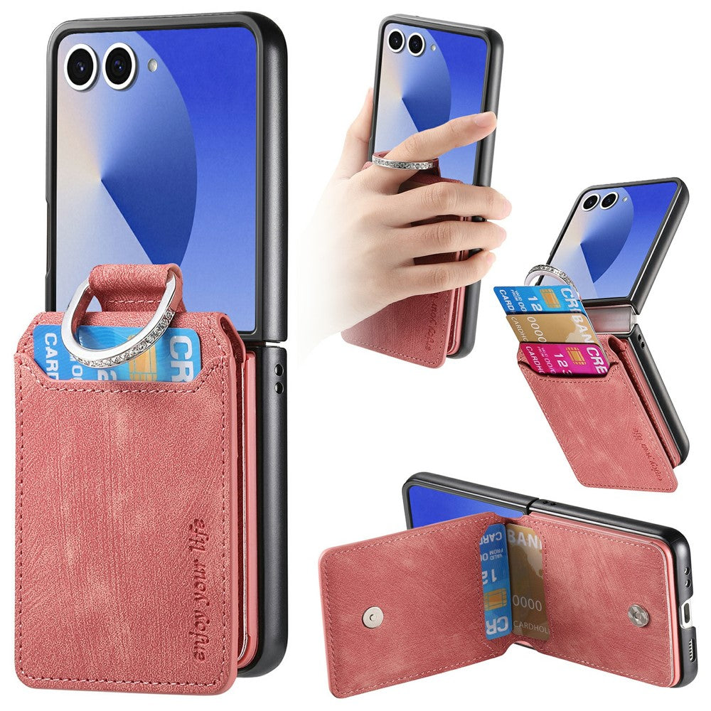 For Samsung Galaxy Z Flip7 5G Case Card Slots Kickstand PU Leather + PC Phone Cover with Rhinestone Ring Holder