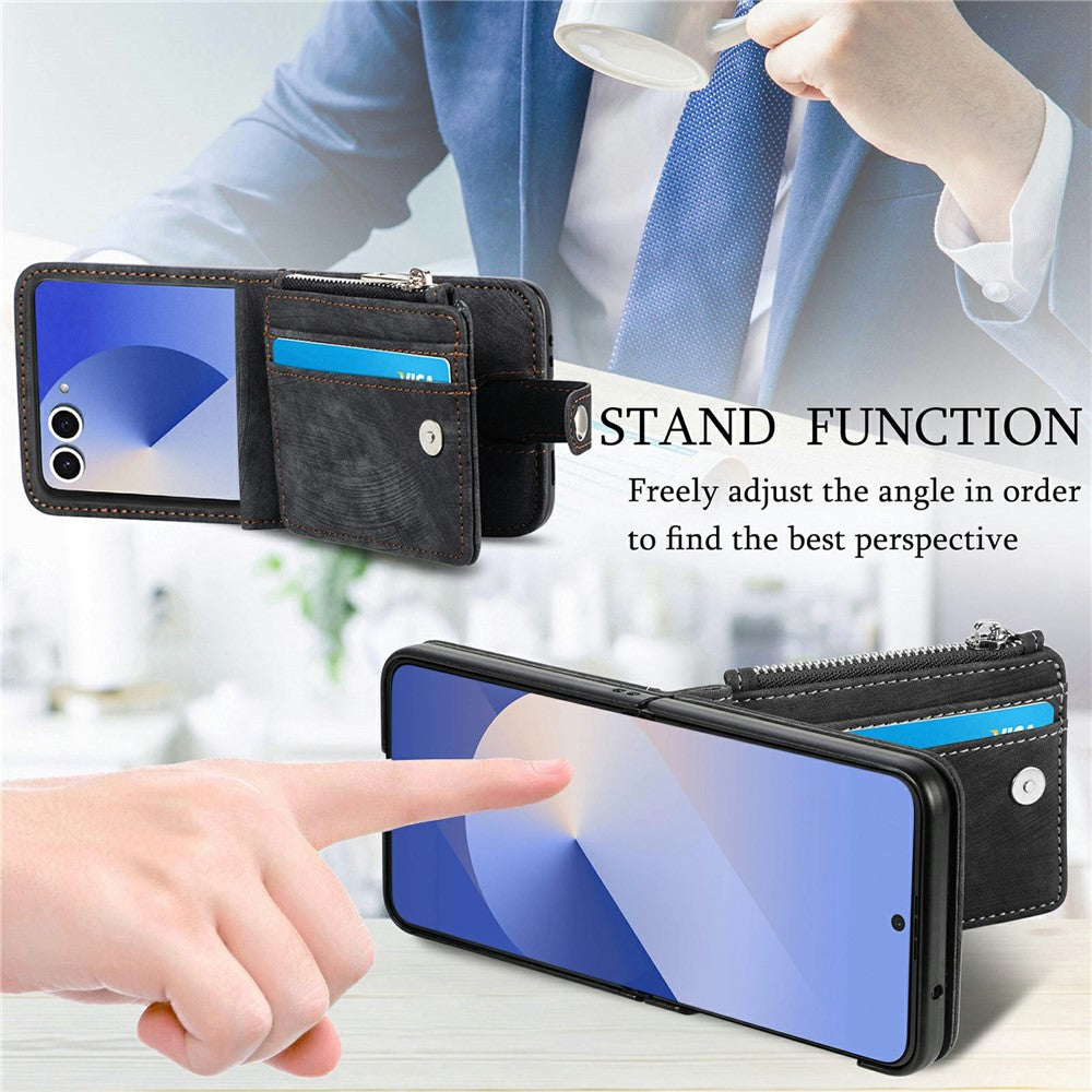 For Samsung Galaxy Z Flip7 5G Case Detachable 2-in-1 Card Slots Zipper Leather + PC Phone Cover
