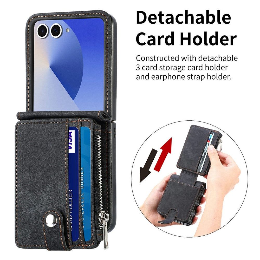 For Samsung Galaxy Z Flip7 5G Case Detachable 2-in-1 Card Slots Zipper Leather + PC Phone Cover