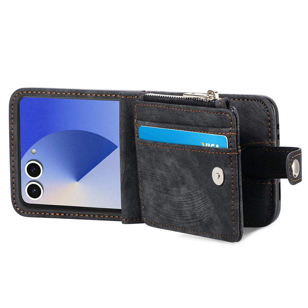 For Samsung Galaxy Z Flip7 5G Case Detachable 2-in-1 Card Slots Zipper Leather + PC Phone Cover
