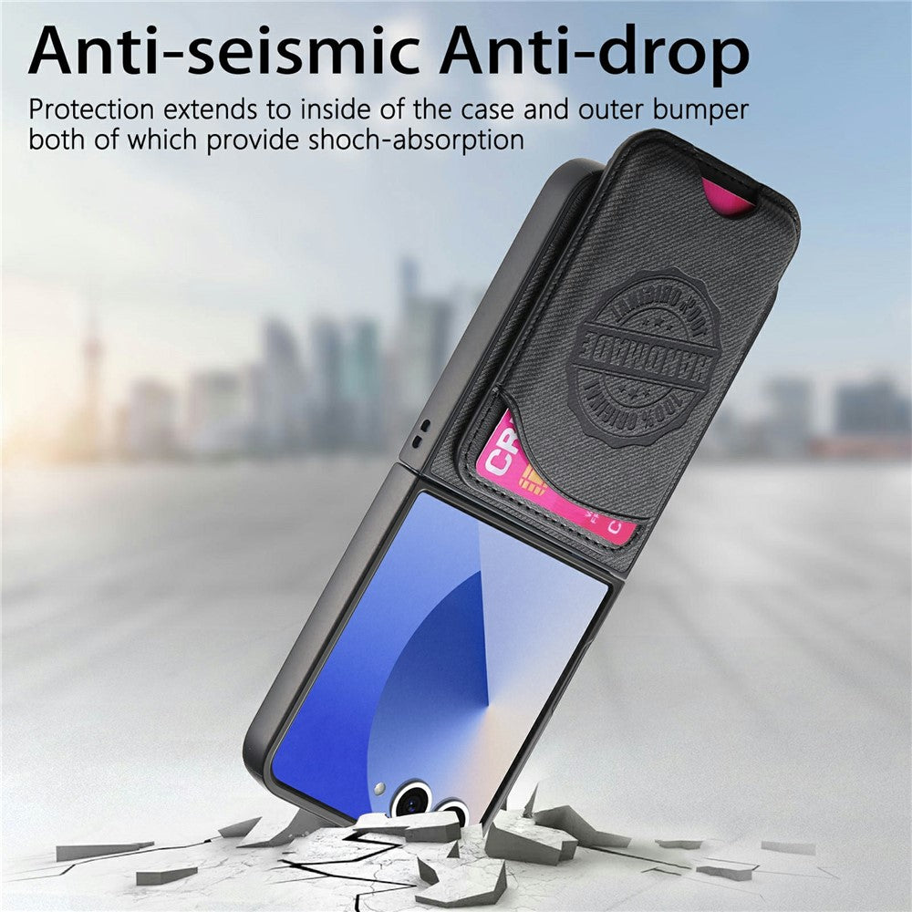 For Samsung Galaxy Z Flip8 Magnetic Case with Card Bag Denim Texture Leather Back Cover
