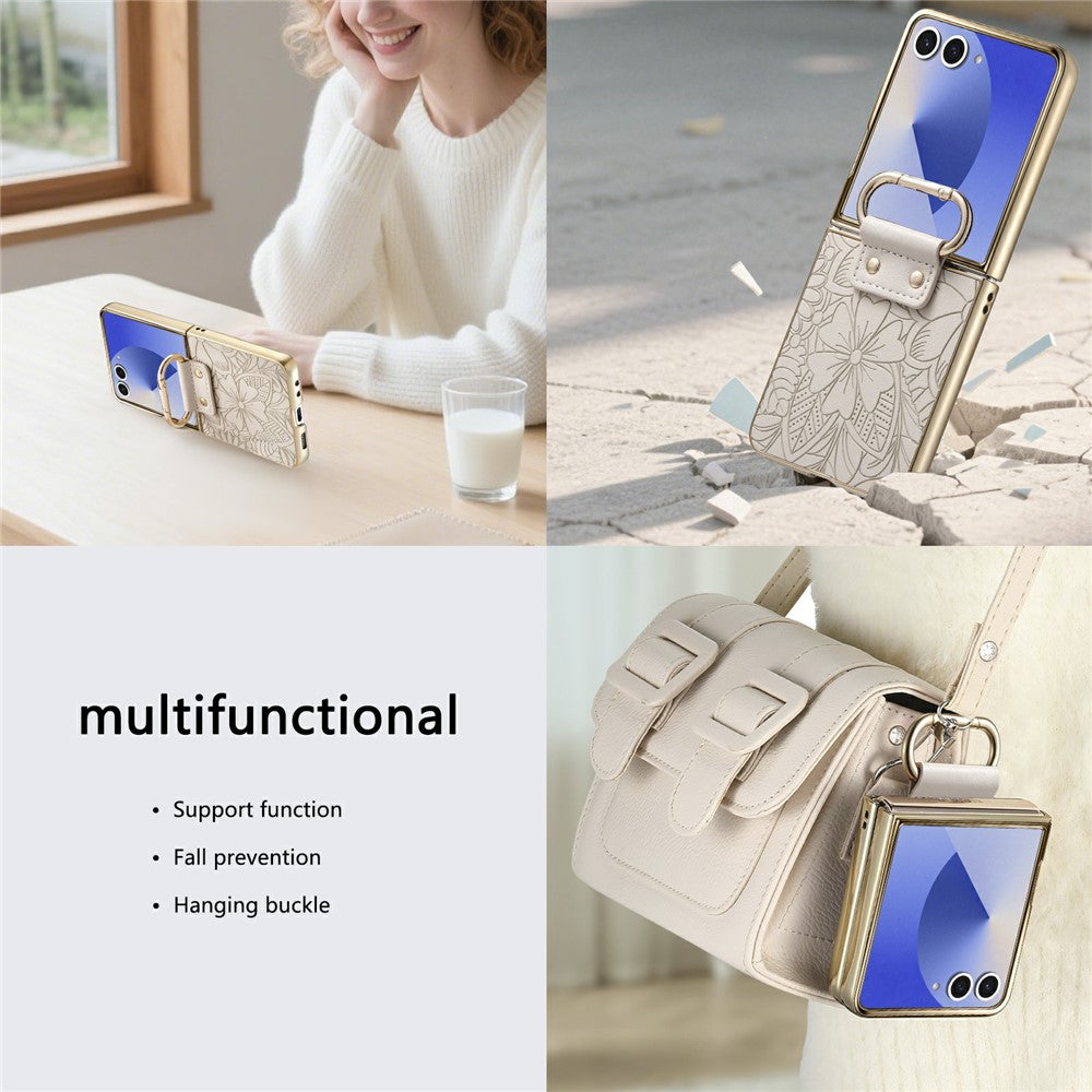 Til Samsung Galaxy Z Flip8 Etui PU-læder Blomster- og Bladmønster Sammenfoldeligt Telefoncover