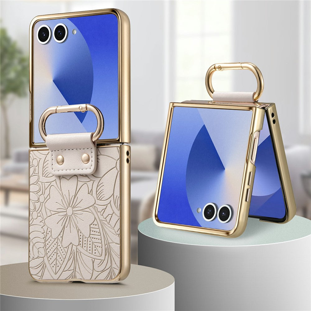 Til Samsung Galaxy Z Flip8 Etui PU-læder Blomster- og Bladmønster Sammenfoldeligt Telefoncover