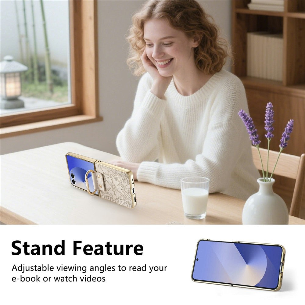 Til Samsung Galaxy Z Flip8 Etui PU-læder Blomster- og Bladmønster Sammenfoldeligt Telefoncover
