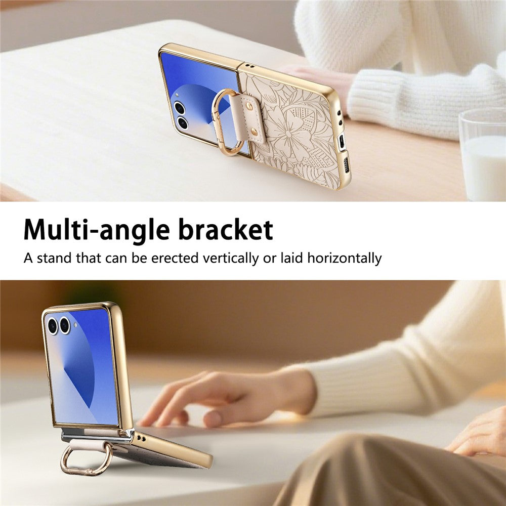 Til Samsung Galaxy Z Flip8 Etui PU-læder Blomster- og Bladmønster Sammenfoldeligt Telefoncover