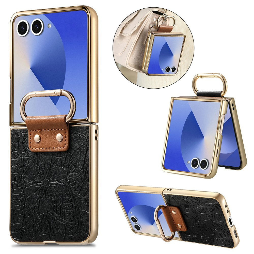 Til Samsung Galaxy Z Flip8 Etui PU-læder Blomster- og Bladmønster Sammenfoldeligt Telefoncover