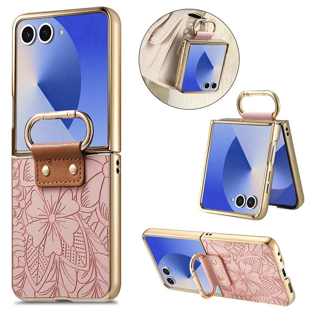 Til Samsung Galaxy Z Flip8 Etui PU-læder Blomster- og Bladmønster Sammenfoldeligt Telefoncover