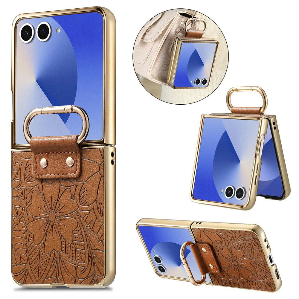 Til Samsung Galaxy Z Flip8 Etui PU-læder Blomster- og Bladmønster Sammenfoldeligt Telefoncover