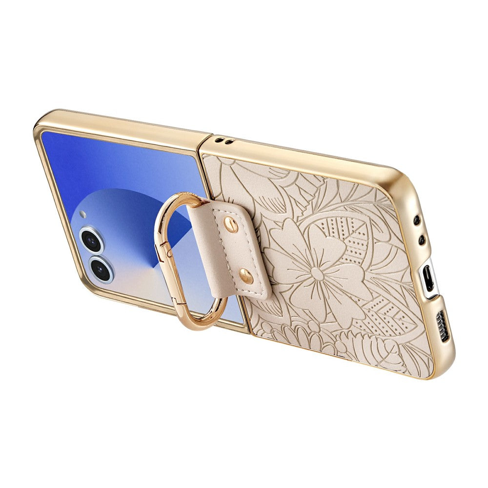 Til Samsung Galaxy Z Flip7 5G-cover Blomster- og bladmønster i PU-læder Sammenfoldeligt telefoncover