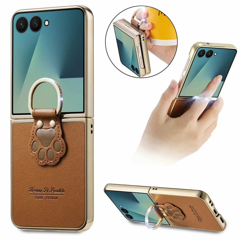 For Samsung Galaxy Z Flip8 Case Cat Paw Design Ring Kickstand Leather Phone Back Cover