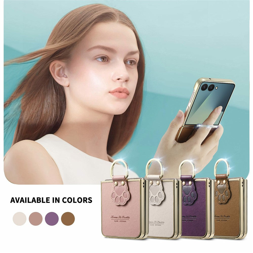 For Samsung Galaxy Z Flip8 Case Cat Paw Design Ring Kickstand Leather Phone Back Cover