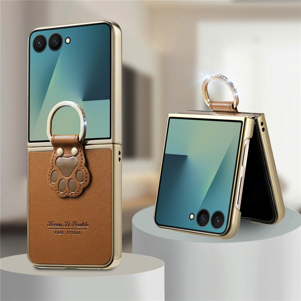 For Samsung Galaxy Z Flip8 Case Cat Paw Design Ring Kickstand Leather Phone Back Cover