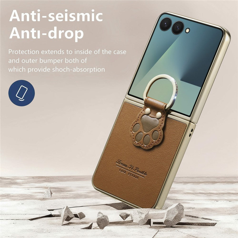 For Samsung Galaxy Z Flip8 Case Cat Paw Design Ring Kickstand Leather Phone Back Cover