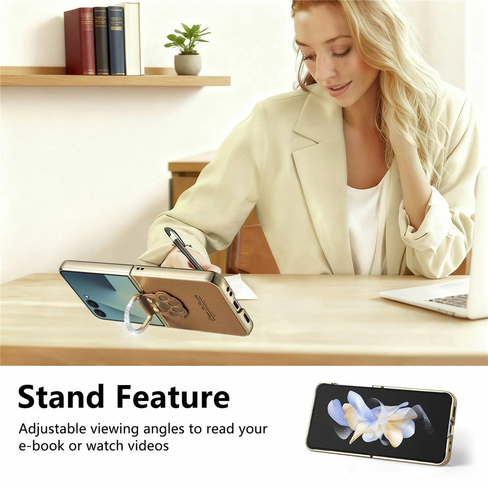For Samsung Galaxy Z Flip8 Case Cat Paw Design Ring Kickstand Leather Phone Back Cover