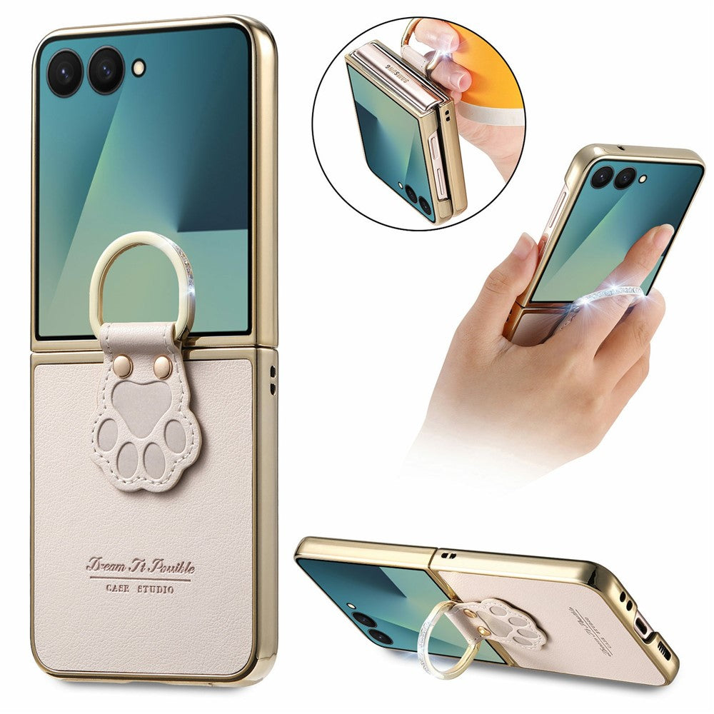 For Samsung Galaxy Z Flip8 Case Cat Paw Design Ring Kickstand Leather Phone Back Cover