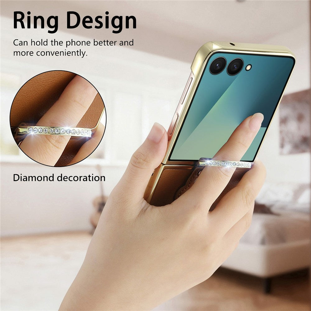 Samsung Galaxy Z Flip7 5G-etui med kattetassedesign, læderringstander og bagside til mobil
