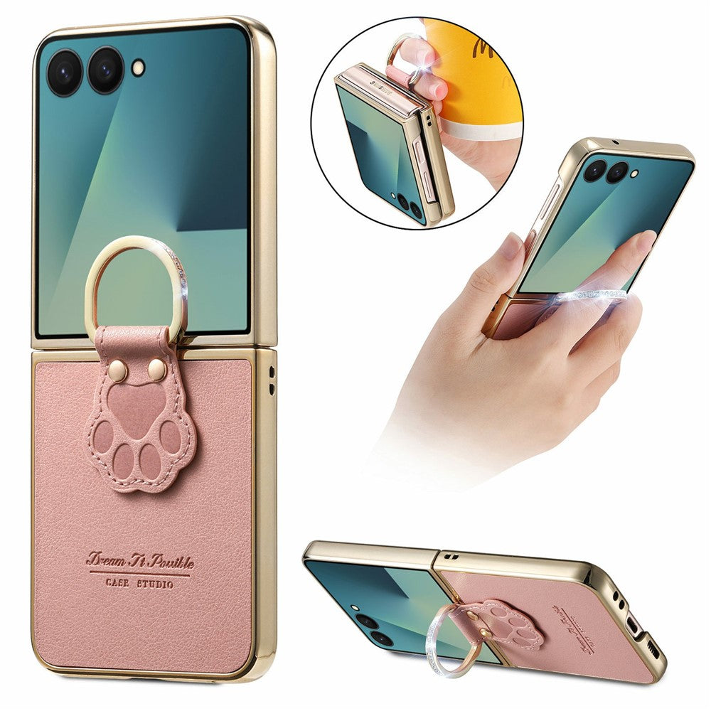 Samsung Galaxy Z Flip7 5G-etui med kattetassedesign, læderringstander og bagside til mobil