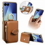 For Samsung Galaxy Z Flip7 5G Phone Case Card Holder Kickstand Leaf Buckle Leather Back Cover with Built-in Mirror