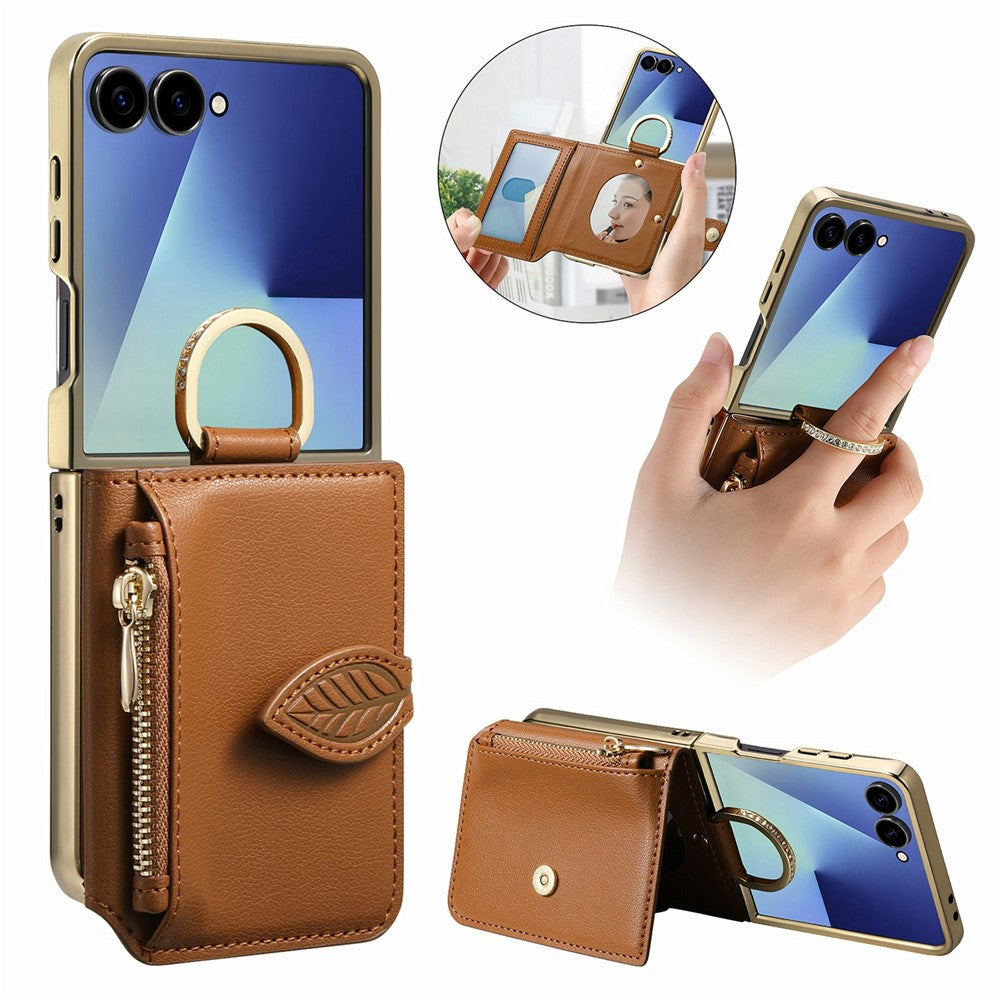 For Samsung Galaxy Z Flip7 5G Phone Case Card Holder Kickstand Leaf Buckle Leather Back Cover with Built-in Mirror