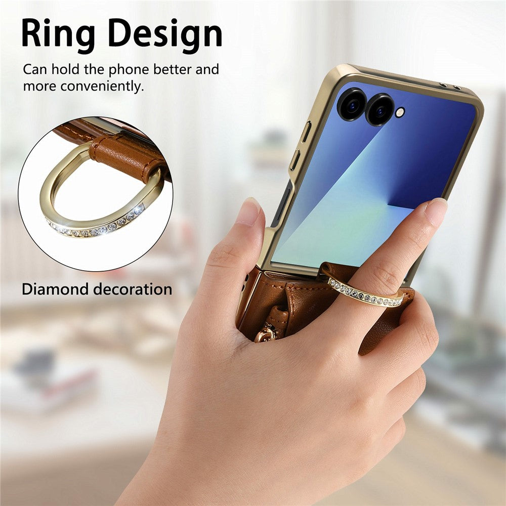 For Samsung Galaxy Z Flip7 5G Phone Case Card Holder Kickstand Leaf Buckle Leather Back Cover with Built-in Mirror