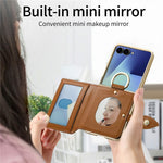For Samsung Galaxy Z Flip7 5G Phone Case Card Holder Kickstand Leaf Buckle Leather Back Cover with Built-in Mirror