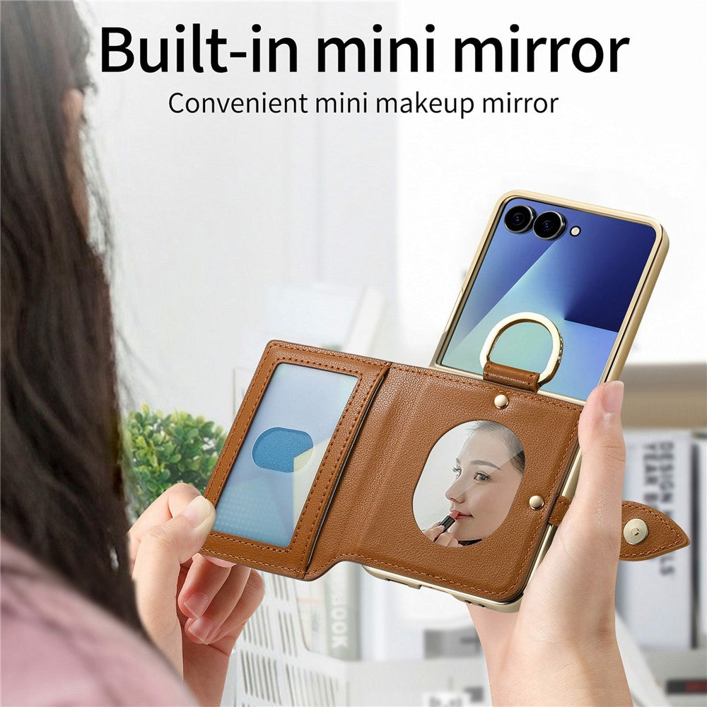 For Samsung Galaxy Z Flip7 5G Phone Case Card Holder Kickstand Leaf Buckle Leather Back Cover with Built-in Mirror