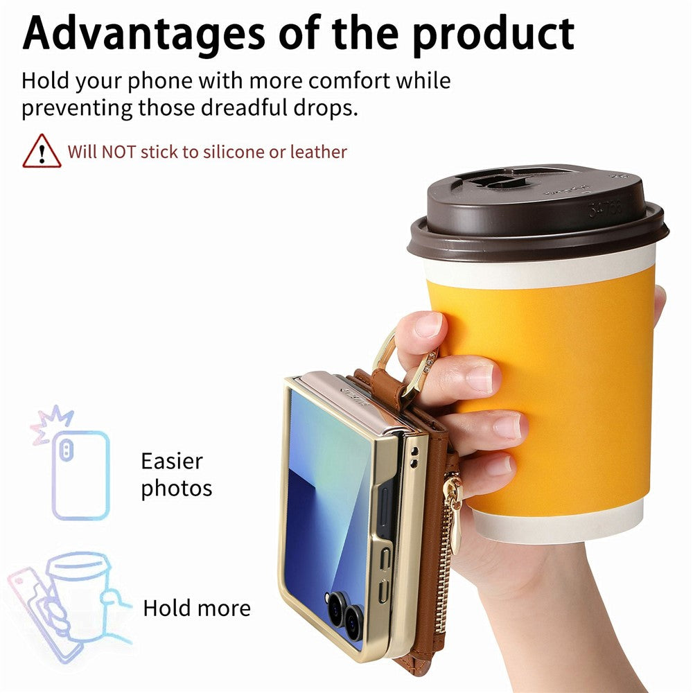 For Samsung Galaxy Z Flip7 5G Phone Case Card Holder Kickstand Leaf Buckle Leather Back Cover with Built-in Mirror