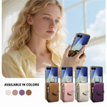 For Samsung Galaxy Z Flip7 5G Phone Case Card Holder Kickstand Leaf Buckle Leather Back Cover with Built-in Mirror