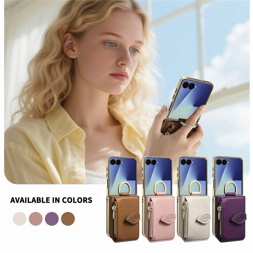 For Samsung Galaxy Z Flip7 5G Phone Case Card Holder Kickstand Leaf Buckle Leather Back Cover with Built-in Mirror
