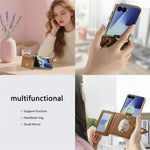 For Samsung Galaxy Z Flip7 5G Phone Case Card Holder Kickstand Leaf Buckle Leather Back Cover with Built-in Mirror