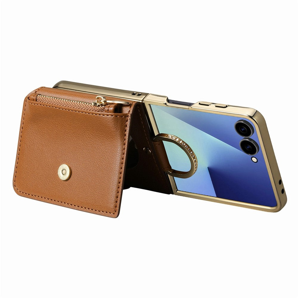 For Samsung Galaxy Z Flip7 5G Phone Case Card Holder Kickstand Leaf Buckle Leather Back Cover with Built-in Mirror