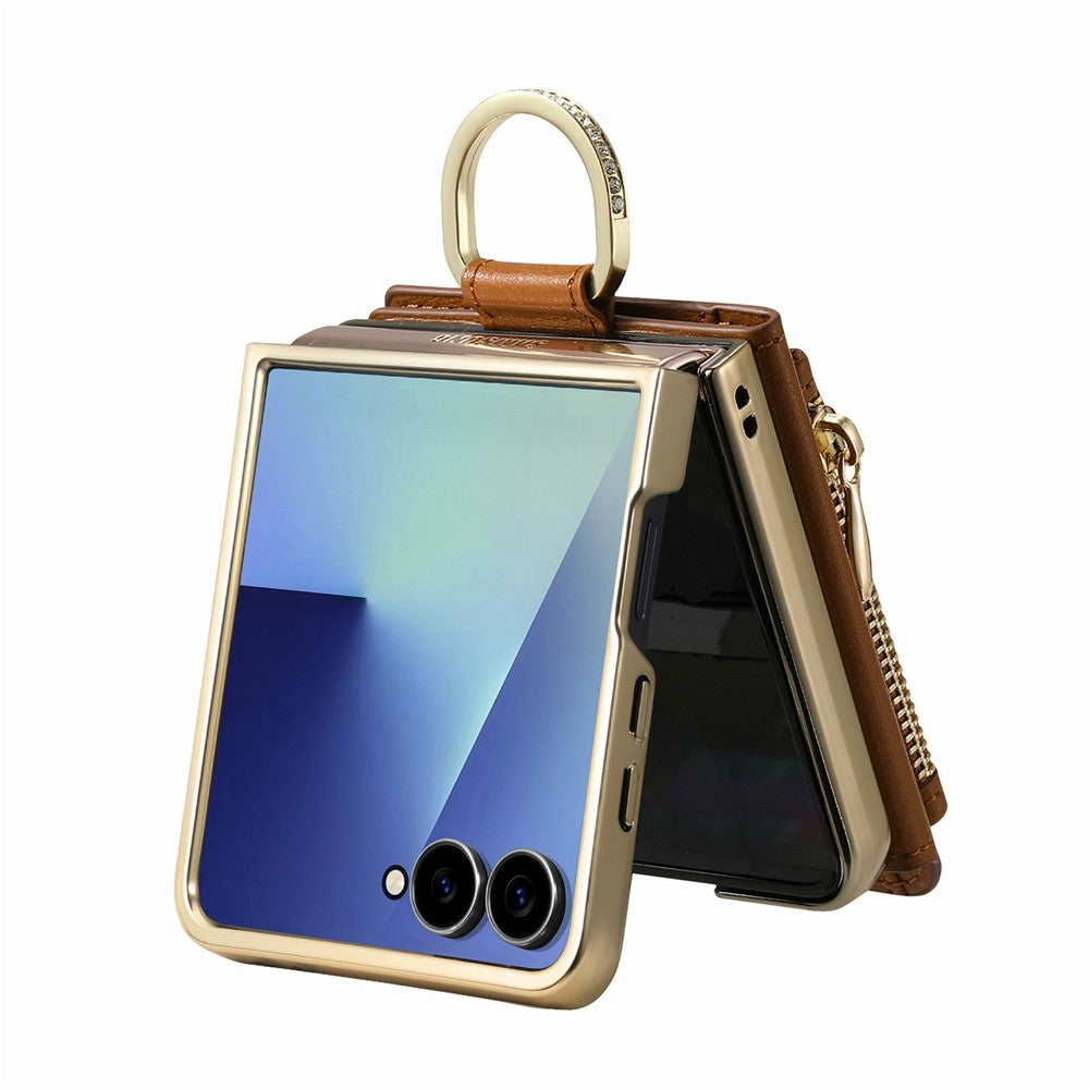 For Samsung Galaxy Z Flip7 5G Phone Case Card Holder Kickstand Leaf Buckle Leather Back Cover with Built-in Mirror