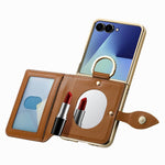 For Samsung Galaxy Z Flip7 5G Phone Case Card Holder Kickstand Leaf Buckle Leather Back Cover with Built-in Mirror
