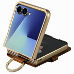 For Samsung Galaxy Z Flip7 5G Phone Case Card Holder Kickstand Leaf Buckle Leather Back Cover with Built-in Mirror