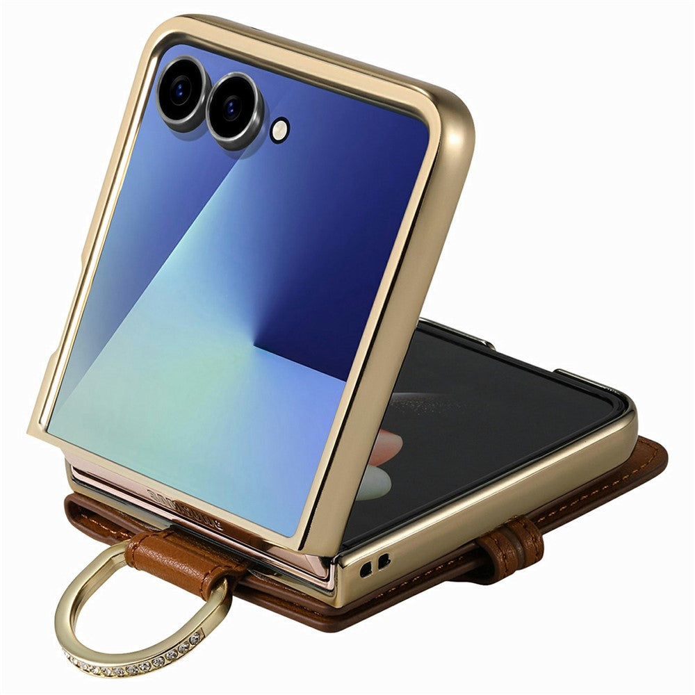 For Samsung Galaxy Z Flip7 5G Phone Case Card Holder Kickstand Leaf Buckle Leather Back Cover with Built-in Mirror