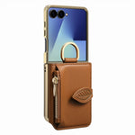For Samsung Galaxy Z Flip7 5G Phone Case Card Holder Kickstand Leaf Buckle Leather Back Cover with Built-in Mirror