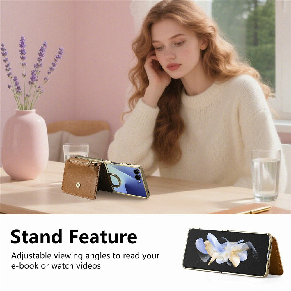 For Samsung Galaxy Z Flip7 5G Phone Case Card Holder Kickstand Leaf Buckle Leather Back Cover with Built-in Mirror