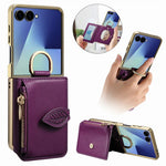 For Samsung Galaxy Z Flip7 5G Phone Case Card Holder Kickstand Leaf Buckle Leather Back Cover with Built-in Mirror