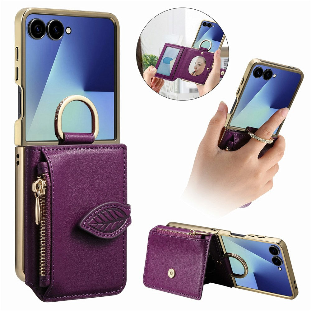 For Samsung Galaxy Z Flip7 5G Phone Case Card Holder Kickstand Leaf Buckle Leather Back Cover with Built-in Mirror