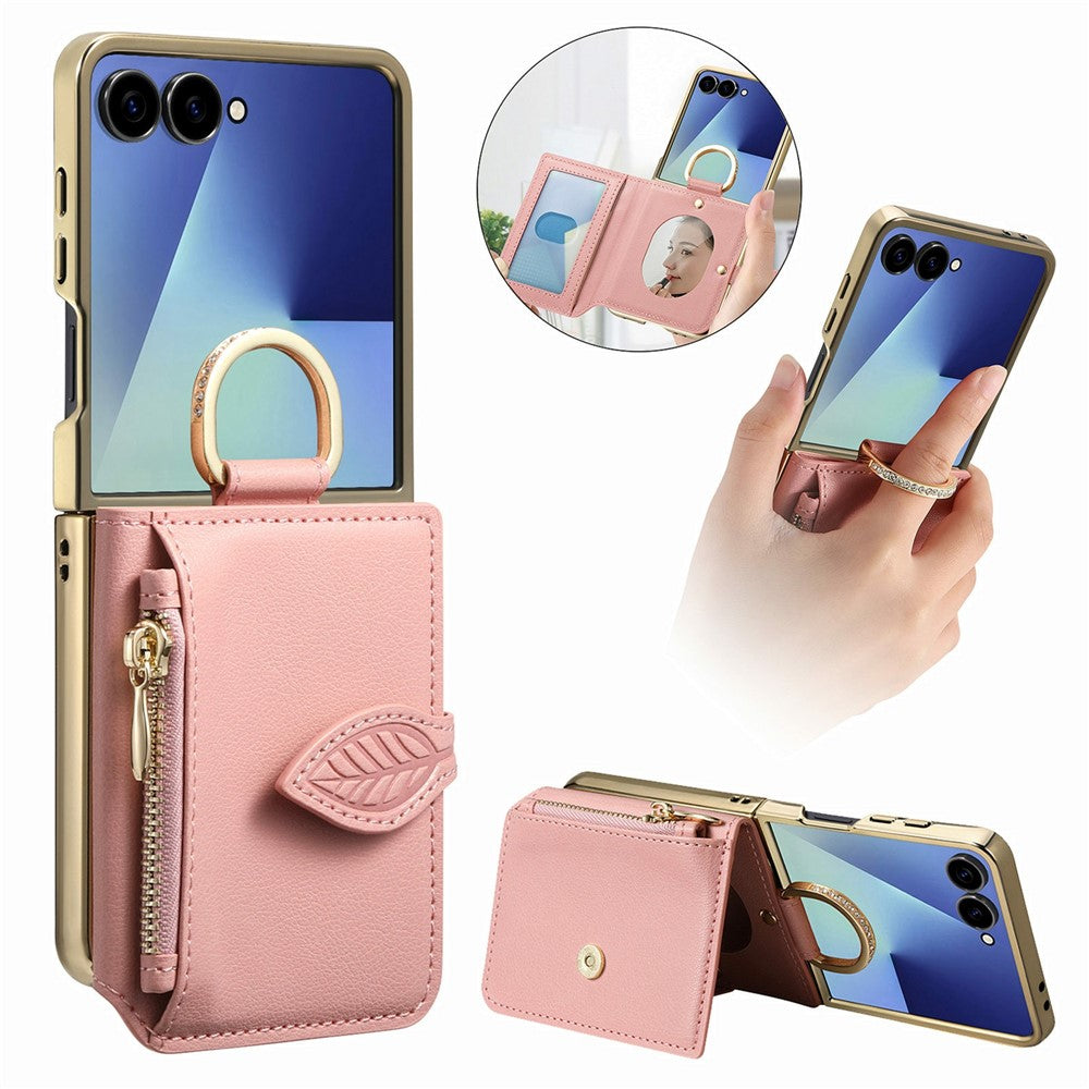 For Samsung Galaxy Z Flip7 5G Phone Case Card Holder Kickstand Leaf Buckle Leather Back Cover with Built-in Mirror