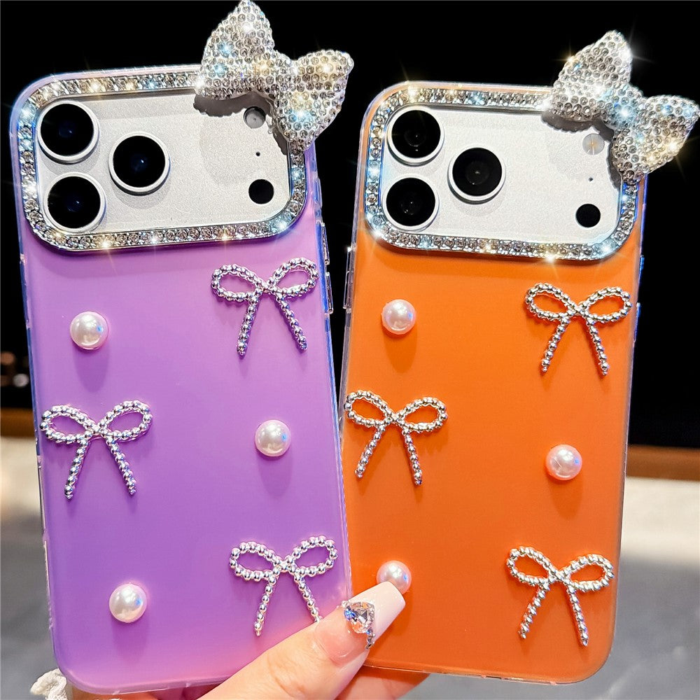 For iPhone 18 Pro / 17 Pro Case Pearl Bow Decor PC + TPU IMD Phone Cover with Rhinestone Camera Ring